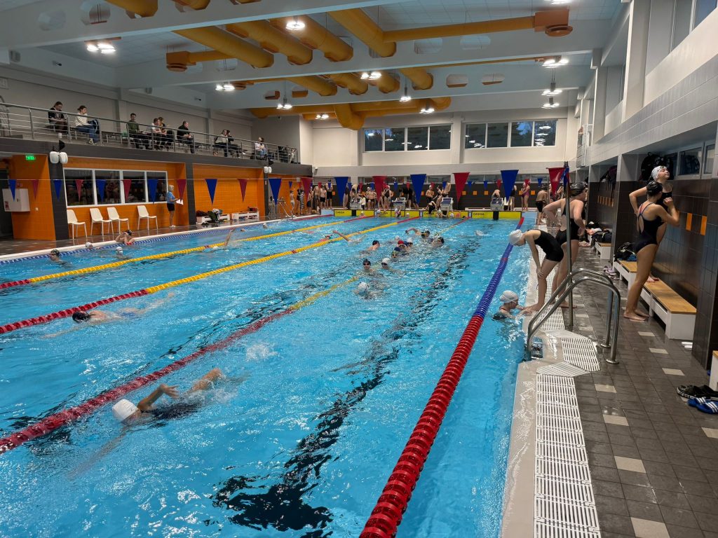 skats uz peldbaseinu, ar peldētājiem