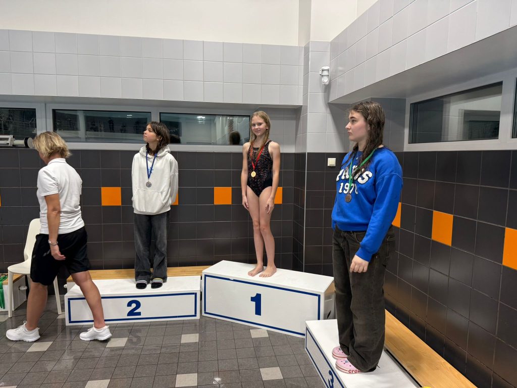 skats ar pjedestālu. uz tā peldētāji