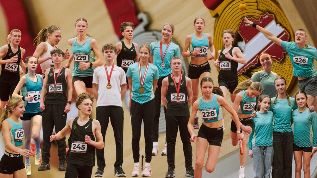 kolāža no sportistu startiem sacensību laikā, kā arī audzēkņi ar medaļām