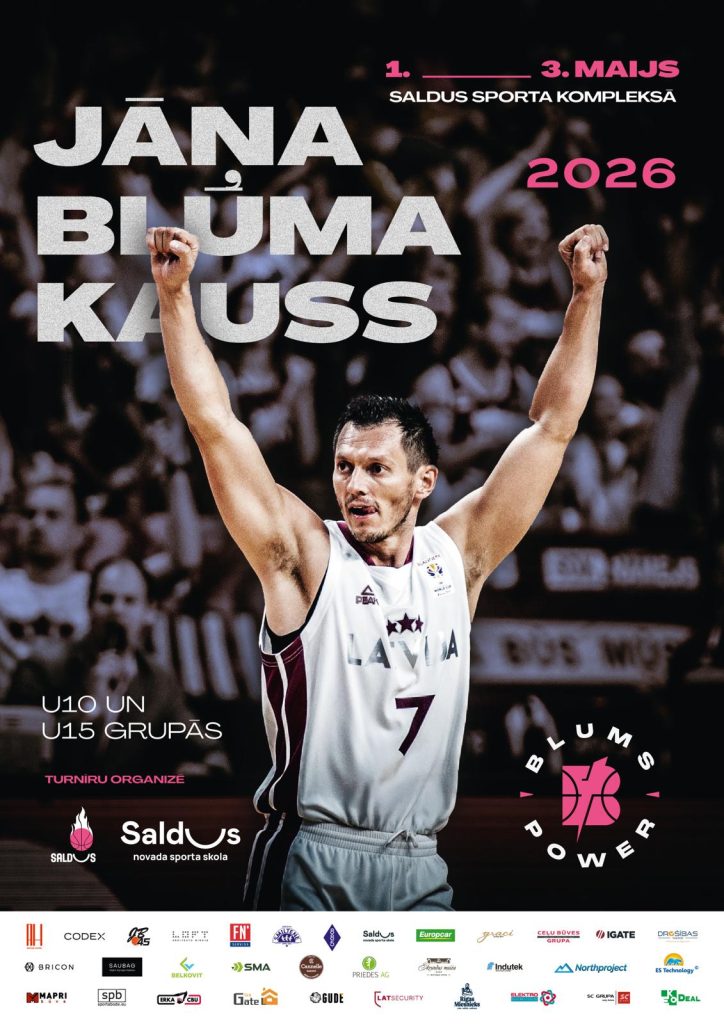 Basketbolists Jānis Blūms plakātā ar paceltām rokām.